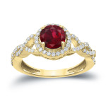 Dazzling Yaffie Gold Engagement Ring with 1ct Ruby and Sparkling 2/5ct TDW Round Diamond Halo.