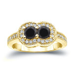 Yaffie ™ Bespoke 2-Stone Round Cut Black Diamond Engagement Ring with 1ct TDW in Lustrous Gold