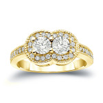 Gold Yaffie Ring with 1ct TDW and 2 Halo Cut Diamonds in Round Shape - Perfect for Engagement!