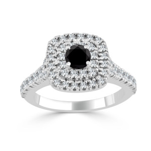 Yaffie ™ Handmade Black Round Diamond Double Halo Engagement Ring with 1ct Total Diamond Weight in Gold