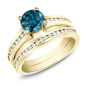 Blue Diamond Bridal Ring Set with Yaffie Gold totaling 1 carat.