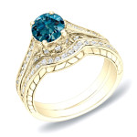 Gold and Blue Diamond Curved Bridal Ring Set by Yaffie, featuring 1ct TDW