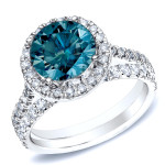Bridal Set with Blue Round Diamond Halo and 1ct TDW of Yaffie Gold