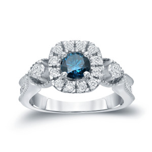 Shine with Yaffie Blue Round Diamond Halo Engagement Ring - 1ct Total Weight