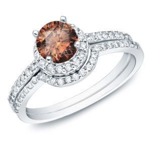 Gold Yaffie Bridal Ring Set with 1 Carat Brown Round Diamond