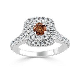Golden Yaffie with 1 Carat of Brown Round Diamonds, Double Halo Engagement Ring