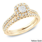 Certified Cushion-Cut Diamond Halo Engagement Ring Set with 1ct TDW in Yaffie Gold