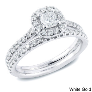 Certified Cushion-Cut Diamond Halo Engagement Ring Set in Yaffie Gold with 1ct Total Diamond Weight