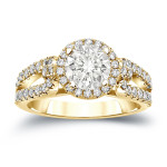 Certified Round Cut Diamond Halo Engagement Ring - Yaffie Gold 1ct TDW