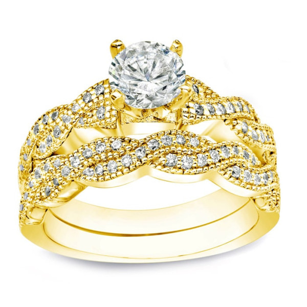 Certified Round Diamond Bridal Ring Set with Yaffie Gold 1 Carat Total Weight