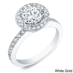 Certified 1ct TDW Round Diamond Halo Engagement Ring in Yaffie Gold