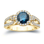 Blue Diamond Halo Engagement Ring with Yaffie Round Cut Gold Brilliance