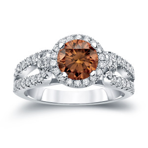 Yaffie Gold Brown Diamond Halo Engagement Ring with 1ct TDW Round Cut Sparkler