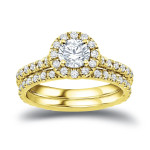 Golden Yaffie Bridal Ring Set with 1ct TDW Round Diamond surrounded by a Halo