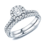 Golden Yaffie Bridal Ring Set with 1ct TDW Round Diamond surrounded by a Halo