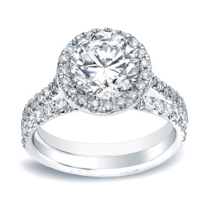 Gold 1ct TDW Round Diamond Halo Engagement Wedding Ring Set - Custom Made By Yaffie™