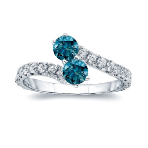 Blue Diamond 2-Stone Engagement Ring, Yaffie Gold with 1ct TDW Round-Cut and 4-Prong Design