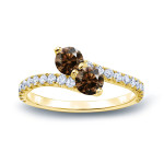 Golden Yaffie 1ct Brown Diamond Engagement Ring with Round-cut 3 Prongs & 2 Stones