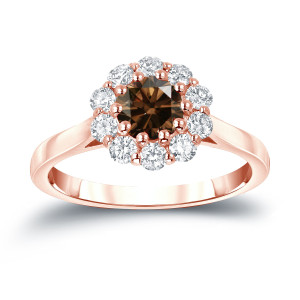 Radiant Yaffie Gold Halo Ring with 1ct TDW Round Brown Diamond - Perfect for your Engagement!