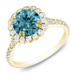 Blue Diamond Halo Engagement Ring with Yaffie Gold and 2.33ct TDW Round-Cut Sparkle.