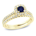 Blue Sapphire & Diamond Bridal Ring Set - Yaffie Gold