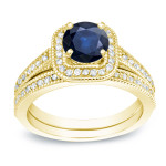 Gold Bridal Set with Blue Sapphire and Round Diamond totaling 0.8ct