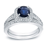 Bridal Set - Blue Sapphire & Round Diamond totaling 3/5 ct TDW with Stunning Yaffie Gold!