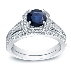 Gold 2/5ct Blue Sapphire and 3/5ct TDW Round Diamond Bridal Ring Set - Custom Made By Yaffie™
