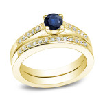 Bridal Ring Set with Blue Sapphire and Round Diamond - Yaffie Gold, 0.4ct and 0.6ct respectively
