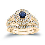Blue Sapphire and Diamond Cluster Bridal Ring Set with Yaffie Gold Sparkle