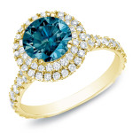 Blue Diamond Halo Engagement Ring with Yaffie Gold and 2 Carat TDW in Cathedral Design