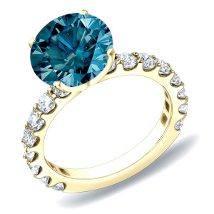 Blue Round Diamond Ring with Yaffie Gold and 2 Carat Total Diamond Weight