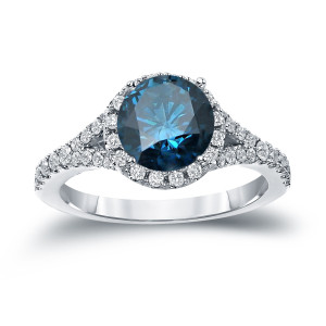 Gold Halo Ring with Blue Round Diamond - 2ct TDW