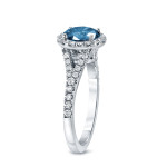 Gold Halo Ring with Blue Round Diamond - 2ct TDW