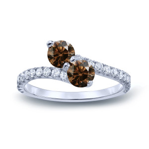 Gold Yaffie Engagement Ring with 2 Round Cut Brown Diamonds (2ct TDW) in 3-Prong Setting