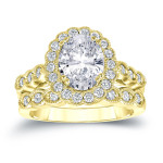 Certified Oval Diamond Halo Bridal Ring Set with Yaffie Gold 3 1/8ct TDW.