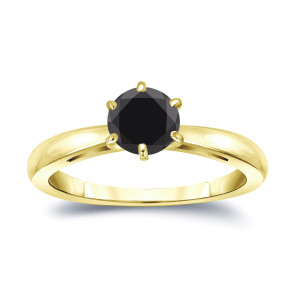 Handcrafted Yaffie™ Black Diamond Engagement Ring - 3/4ct Round Cut Gold 6-Prong Solitaire