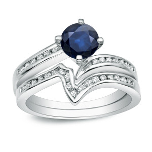 Blue Sapphire and Diamond Bridal Ring Set with Yaffie Gold