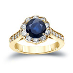 Yaffie Blue Sapphire and Diamond Halo Engagement Ring
