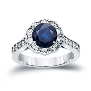 Yaffie Blue Sapphire and Diamond Halo Engagement Ring