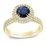 Sapphire and Diamond Halo Engagement Ring with a 3/4ct Blue Gem and 1ct Total Weight