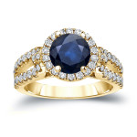 Elegant Blue Sapphire and Diamond Halo Engagement Ring - 3/4ct Each in Yaffie Gold