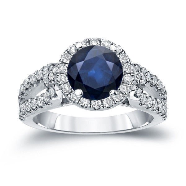 Elegant Blue Sapphire and Diamond Halo Engagement Ring - 3/4ct Each in Yaffie Gold