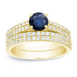 Gold Bridal Ring Set with 3/4ct Blue Sapphire and 3/4ct TDW Sparkling Diamonds by Yaffie