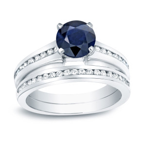 Engagement Ring with Blue Sapphire and Round Diamonds, Yaffie Gold