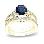 Sparkling Yaffie Gold Bridal Set with Blue Sapphire and Round Cut Diamond