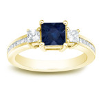 Blue Sapphire and Diamond Three-Stone Engagement Ring with Yaffie Gold, 0.75ct