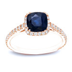 Blue Sapphire Cushion Cut Ring with Diamond Halo, Yaffie Gold 3/4ct
