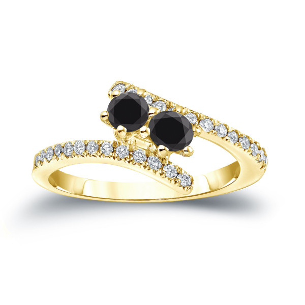 Yaffie ™ Custom Made Black Diamond Engagement Ring - 2 Stones, 3/4ct TDW, Round Cut and Gleaming in Gold