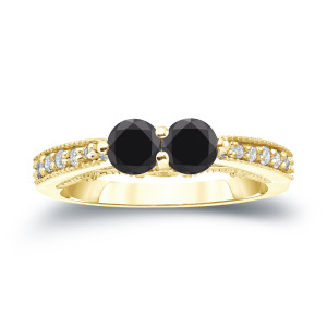 Yaffie ™ Custom Made Black Diamond Engagement Ring - 2 Stones, 3/4ct TDW, Round Cut and Gleaming in Gold